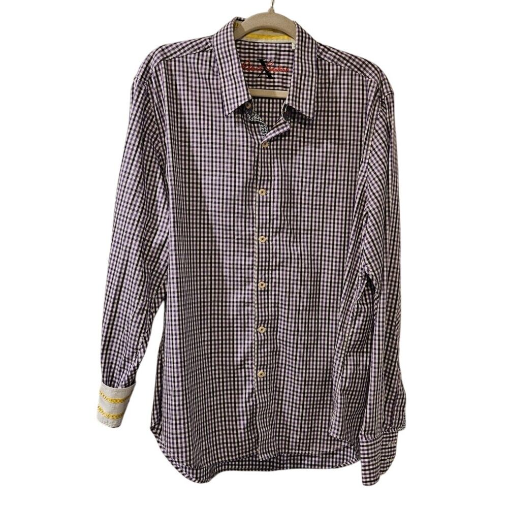 Robert Graham Mens XL Tailored Fit Shrt Purple White Plaid Button Down Flip Cuff